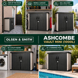 Olsen & Smith Ashcombe 1000L Mini Garden Storage Cabinet – Large Weatherproof Outdoor Storage Shed with Lockable Double Doors, Adjustable Shelf, Combination Padlock, Waterproof Wood-Look PP, Tool & Cushion Store