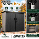 Olsen & Smith Ashcombe 1400L Pro Garden Storage Cabinet – Large Weatherproof Outdoor Storage Shed with Lockable Double Doors, Adjustable Shelf, Combination Padlock, Waterproof Wood-Look PP, Tool & Mower Store