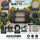Olsen & Smith Ashcombe 1400L Pro Garden Storage Cabinet – Large Weatherproof Outdoor Storage Shed with Lockable Double Doors, Adjustable Shelf, Combination Padlock, Waterproof Wood-Look PP, Tool & Mower Store
