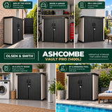 Olsen & Smith Ashcombe 1400L Pro Garden Storage Cabinet – Large Weatherproof Outdoor Storage Shed with Lockable Double Doors, Adjustable Shelf, Combination Padlock, Waterproof Wood-Look PP, Tool & Mower Store