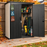Olsen & Smith Ashcombe 1700L Max Garden Storage Cabinet – Extra-Tall Weatherproof Outdoor Storage Shed with Lockable Double Doors, Adjustable Shelf, Combination Padlock, Waterproof Wood-Look PP, Tool & Mower Store