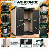 Olsen & Smith Ashcombe 1700L Max Garden Storage Cabinet – Extra-Tall Weatherproof Outdoor Storage Shed with Lockable Double Doors, Adjustable Shelf, Combination Padlock, Waterproof Wood-Look PP, Tool & Mower Store