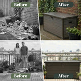 Olsen & Smith 380L Large Garden Storage Box – Weather Resistant Outdoor Storage Chest with Padlock, Wood Effect Plastic Cushion Storage Box, Heavy Duty Patio Storage (Grey)