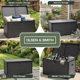 Olsen & Smith 380L Large Garden Storage Box – Weather Resistant Outdoor Storage Chest with Padlock, Wood Effect Plastic Cushion Storage Box, Heavy Duty Patio Storage (Grey)