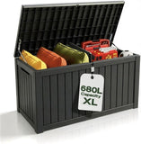 Olsen & Smith Premium XL 680L Outdoor Garden Storage Box – Weather-Resistant Heavy-Duty Plastic Storage Chest with Padlock, Wood-Effect Finish & Gas Lift Lid for Cushions, Tools & Toys (Anthracite Black)