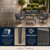 Olsen & Smith Marlow Garden Sofa Set – 4 Seat Outdoor Rattan Furniture Set with 3 Seater Sofa, Armchair & Coffee Table, Waterproof Cushions, Rust-Resistant Frame (Slate/Grey)