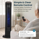 Olsen & Smith 36 Inch 27dB Ultra-Powerful & Silent Tower Fan – Smart Bladeless Design with Remote, 4 Speed Modes, 90° Oscillation, 12H Timer, LED Display – Matte Black