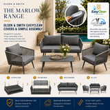 Olsen & Smith Marlow Garden Sofa Set – 4 Seat Outdoor Rattan Furniture Set with 3 Seater Sofa, Armchair & Coffee Table, Waterproof Cushions, Rust-Resistant Frame (Slate/Grey)