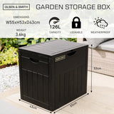 Olsen & Smith Lockable Outdoor Garden Plastic Storage Box Container Chest Lawn Balcony Furniture, Weather Resistant, Wood Panel Effect (126L)