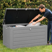 Olsen & Smith 680L MASSIVE Capacity Outdoor Garden Storage Box Plastic Shed - Weatherproof & Sit On with Wood Effect Chest (Anthracite Grey)