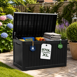 Olsen & Smith 870L Extra Large Outdoor Garden Storage Box – Heavy-Duty Weather-Resistant Wood-Effect Chest with Lock, Gas-Lift Lid & Massive Capacity – Grey