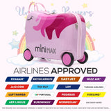 MiniMax Kids Ride-On Suitcase 45x36x20cm – Unicorn 4PC Travel Set with Bag, Neck Pillow & Stickers – EasyJet Max Size 29L Children’s Cabin Luggage