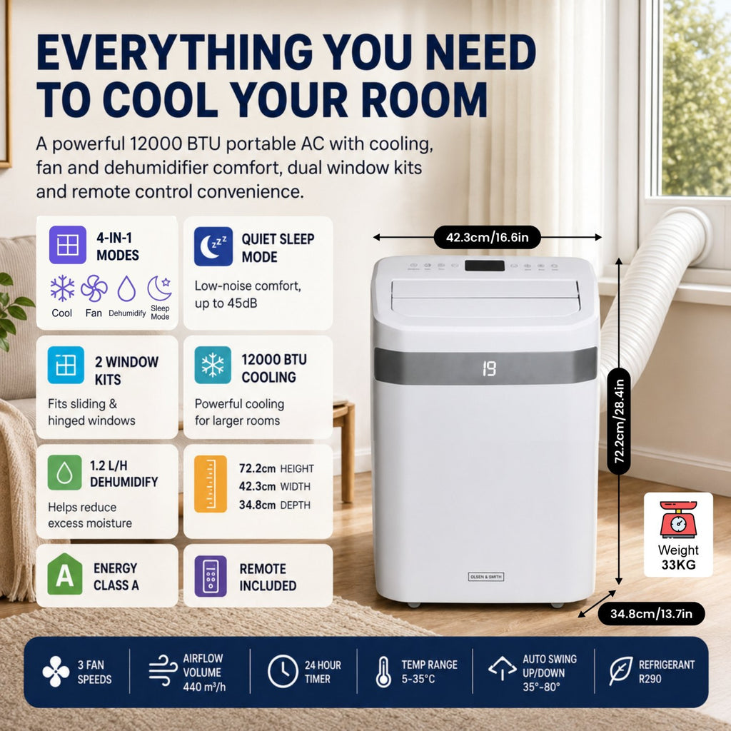 Olsen & Smith 12000 BTU Portable Air Conditioner 4-in-1 – Packed Direct UK