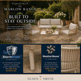 Olsen & Smith Marlow Garden Sofa Set – 4 Seat Outdoor Rattan Furniture Set with 3 Seater Sofa, Armchair & Coffee Table, Waterproof Cushions, Rust-Resistant Frame (Sandstone/Cream)
