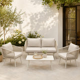 Olsen & Smith Marlow Garden Sofa Set – 4 Seat Outdoor Rattan Furniture Set with 3 Seater Sofa, Armchair & Coffee Table, Waterproof Cushions, Rust-Resistant Frame (Sandstone/Cream)