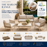 Olsen & Smith Marlow Garden Sofa Set – 4 Seat Outdoor Rattan Furniture Set with 3 Seater Sofa, Armchair & Coffee Table, Waterproof Cushions, Rust-Resistant Frame (Sandstone/Cream)