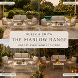 Olsen & Smith Marlow Garden Sofa Set – 4 Seat Outdoor Rattan Furniture Set with 3 Seater Sofa, Armchair & Coffee Table, Waterproof Cushions, Rust-Resistant Frame (Sandstone/Cream)