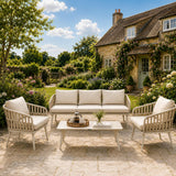 Olsen & Smith Hampton Garden Sofa Set – 5 Seat Outdoor Rattan Furniture Set with 3 Seater Sofa, Armchair & Coffee Table, Waterproof Cushions, Rust-Resistant Aluminium Frame (Sandstone/Cream)