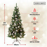 Olsen & Smith 7ft Large Snowy Artificial Christmas Tree – Pre-Lit Indoor Xmas Tree with 450 Warm White LED Lights, 48 Snowflake Ornaments, 1150 Branch Tips & Metal Stand