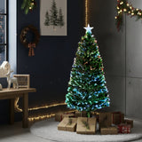 Decorated Christmas tree with lights and presents in a room with festive decorations.
