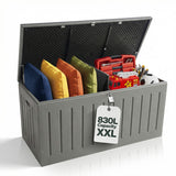 Olsen & Smith 830L MASSIVE Capacity Outdoor Garden Storage Box Plastic Shed - Weatherproof & Sit On with Wood Effect Chest