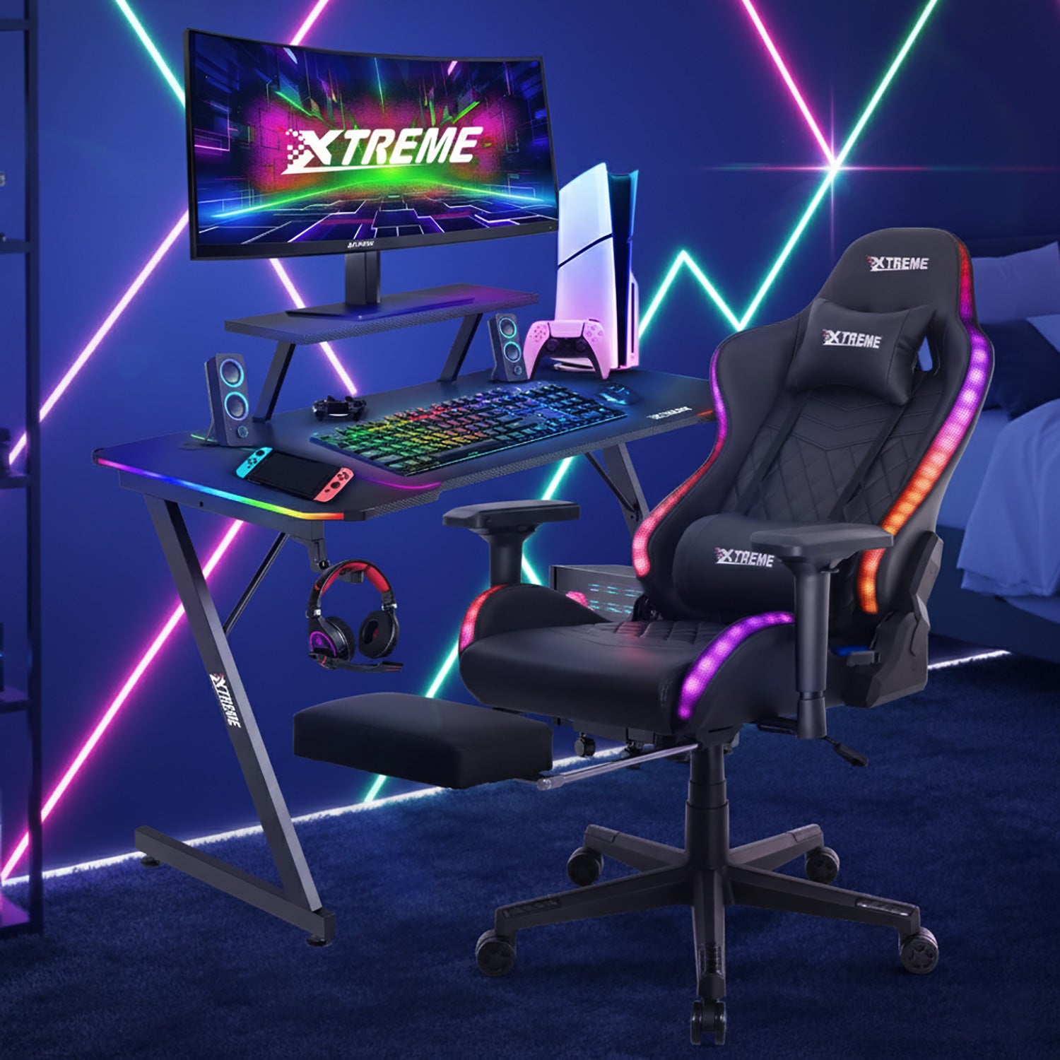 XTREME RGB Gaming Chair & Desk Bundle Bluetooth Speakers LED Lights Carbon Fibre Tabletop Headrest Lumbar Support Footrest & Storage Accessories