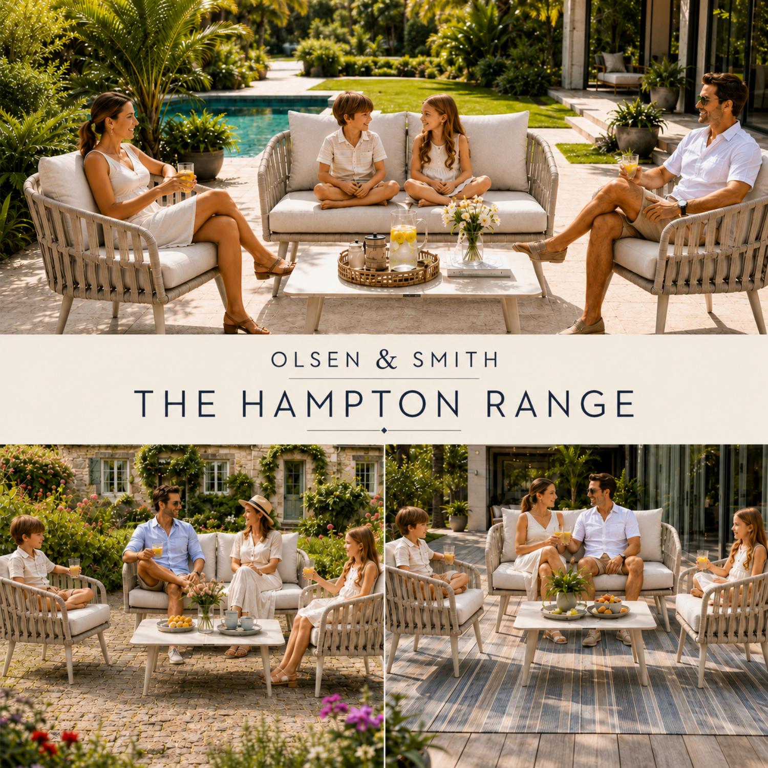 Family enjoying outdoor seating with 'The Hampton Range' furniture, featuring Olsen & Smith branding.