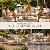 Family enjoying outdoor seating with 'The Hampton Range' furniture, featuring Olsen & Smith branding.