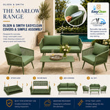 Olsen & Smith Hampton 4 Seater Garden Furniture Set – 5 Piece Outdoor Rattan Sofa Set with 2 Seater Sofa, 2 Armchairs & Coffee Table, Waterproof Cushions, Aluminium Frame (Sage)