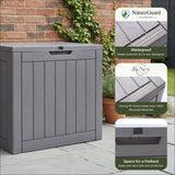 Olsen & Smith 118L Recycled Garden Storage Box & Parcel Box – Lockable Weatherproof Outdoor Storage Chest with Sit-On Lid, 75kg Seat Capacity, Anthracite Wood Effect, Balcony & Patio
