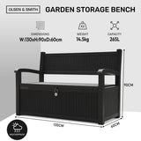 Olsen & Smith 265L Outdoor Garden Storage Bench – Weather-Resistant Rattan Effect Plastic Seat with Lockable Storage Box, Patio Furniture Chest for Tools, Cushions & Toys – Black