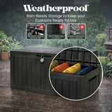 Olsen & Smith 270L Outdoor Garden Storage Box – Weatherproof Sit-On Storage Chest with Padlock, 100% Recycled Plastic Wood Effect Cushion Storage Box (Black)