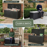 Olsen & Smith 270L Outdoor Garden Storage Box – Weatherproof Sit-On Storage Chest with Padlock, 100% Recycled Plastic Wood Effect Cushion Storage Box (Black)