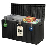Olsen & Smith 270L Outdoor Garden Storage Box – Weatherproof Sit-On Storage Chest with Padlock, 100% Recycled Plastic Wood Effect Cushion Storage Box (Black)