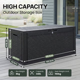 Olsen & Smith 340L Rattan Effect Garden Storage Box – Waterproof Outdoor Deck Chest & 2-Seat Bench, 100% Recycled Polypropylene, 150kg Seat Capacity, Hinged Lid, Padlock Included, Cushion & Tool Storage