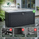 Olsen & Smith 340L Rattan Effect Garden Storage Box – Waterproof Outdoor Deck Chest & 2-Seat Bench, 100% Recycled Polypropylene, 150kg Seat Capacity, Hinged Lid, Padlock Included, Cushion & Tool Storage