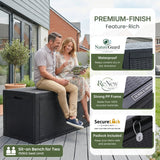Olsen & Smith 340L Rattan Effect Garden Storage Box – Waterproof Outdoor Deck Chest & 2-Seat Bench, 100% Recycled Polypropylene, 150kg Seat Capacity, Hinged Lid, Padlock Included, Cushion & Tool Storage