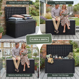 Olsen & Smith 340L Rattan Effect Garden Storage Box – Waterproof Outdoor Deck Chest & 2-Seat Bench, 100% Recycled Polypropylene, 150kg Seat Capacity, Hinged Lid, Padlock Included, Cushion & Tool Storage