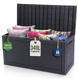 Olsen & Smith 340L Rattan Effect Garden Storage Box – Waterproof Outdoor Deck Chest & 2-Seat Bench, 100% Recycled Polypropylene, 150kg Seat Capacity, Hinged Lid, Padlock Included, Cushion & Tool Storage