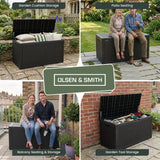 Olsen & Smith 380L Garden Storage Box & Bench – 100% Recycled Rattan Effect Outdoor Storage Chest, Lockable with 4-Digit Padlock, Gas-Assisted Hinges & 225kg Seat (Dark Anthracite)