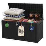 Olsen & Smith 380L Garden Storage Box & Bench – 100% Recycled Rattan Effect Outdoor Storage Chest, Lockable with 4-Digit Padlock, Gas-Assisted Hinges & 225kg Seat (Dark Anthracite)