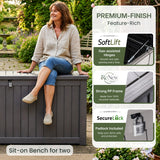 Olsen & Smith 870L XXL Recycled Garden Storage Box & Bench Seat – Lockable Weatherproof Outdoor Storage Chest with Gas-Assisted Lid, 4-Digit Padlock, Wood Effect & 200kg Seating Capacity