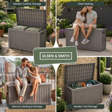 Olsen & Smith 870L XXL Recycled Garden Storage Box & Bench Seat – Lockable Weatherproof Outdoor Storage Chest with Gas-Assisted Lid, 4-Digit Padlock, Wood Effect & 200kg Seating Capacity