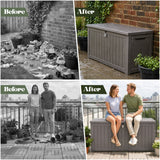 Olsen & Smith 870L XXL Recycled Garden Storage Box & Bench Seat – Lockable Weatherproof Outdoor Storage Chest with Gas-Assisted Lid, 4-Digit Padlock, Wood Effect & 200kg Seating Capacity