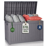 Olsen & Smith 870L XXL Recycled Garden Storage Box & Bench Seat – Lockable Weatherproof Outdoor Storage Chest with Gas-Assisted Lid, 4-Digit Padlock, Wood Effect & 200kg Seating Capacity