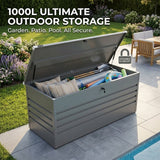 Olsen & Smith 1000L Large Metal Storage Box – Lockable Outdoor XL Garden Storage Box, Weather-Resistant, with Gas Lift – Ideal for Garden, Patio, and Outdoor Storage