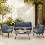 Olsen & Smith Marlow Garden Sofa Set – 4 Seat Outdoor Rattan Furniture Set with 3 Seater Sofa, Armchair & Coffee Table, Waterproof Cushions, Rust-Resistant Frame (Slate/Grey)