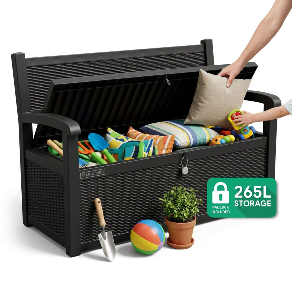 Olsen & Smith 265L Outdoor Storage Bench – Lockable Rattan Seat ...