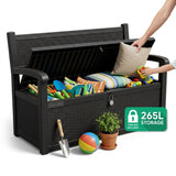 Olsen & Smith Outdoor Garden Storage Bench 265L – Weather-Resistant Rattan Effect Plastic Seat with Lockable Storage Box, Patio Furniture Chest for Tools, Cushions & Toys – Black