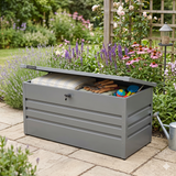 Olsen & Smith 400L Large Metal Garden Storage Box – Heavy-Duty Outdoor Storage Chest with Lock, Weather-Resistant Steel Design for Tools, Cushions, Toys & Patio Accessories – Grey